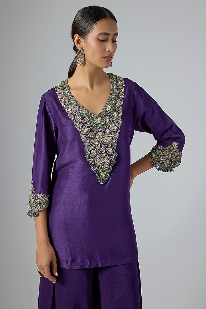 Dark Purple Silk Thread Embroidered Kurta Set by Prisho at Pernia's Pop Up Shop