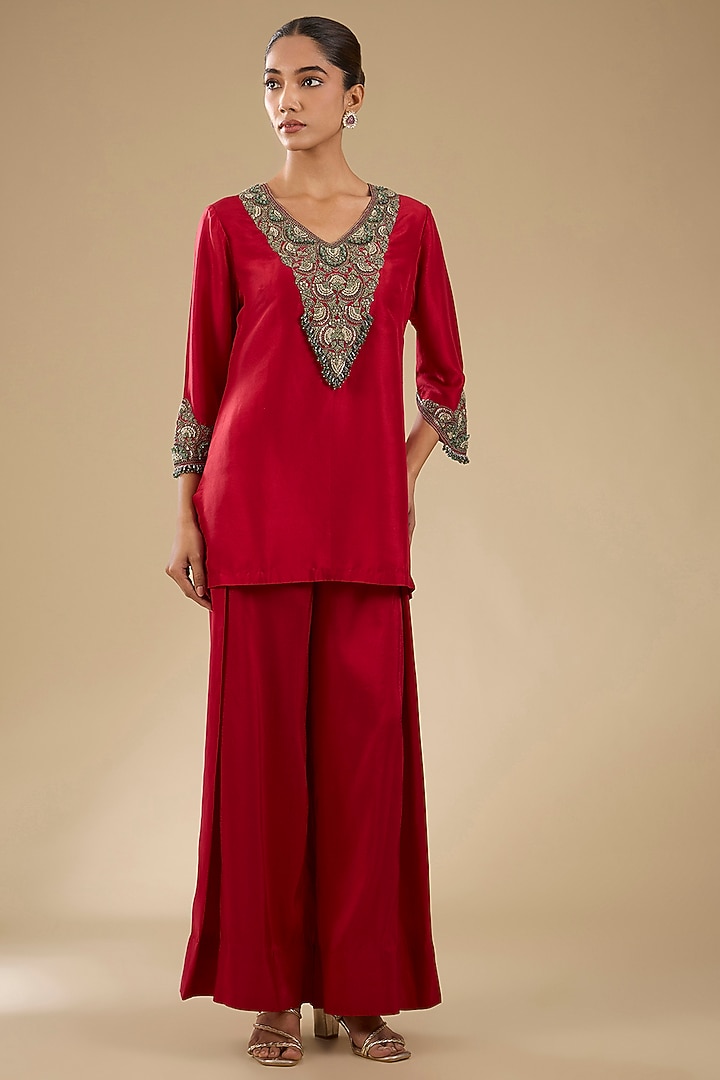 Cherry Red Silk Thread Work Co-Ord Set by Prisho at Pernia's Pop Up Shop