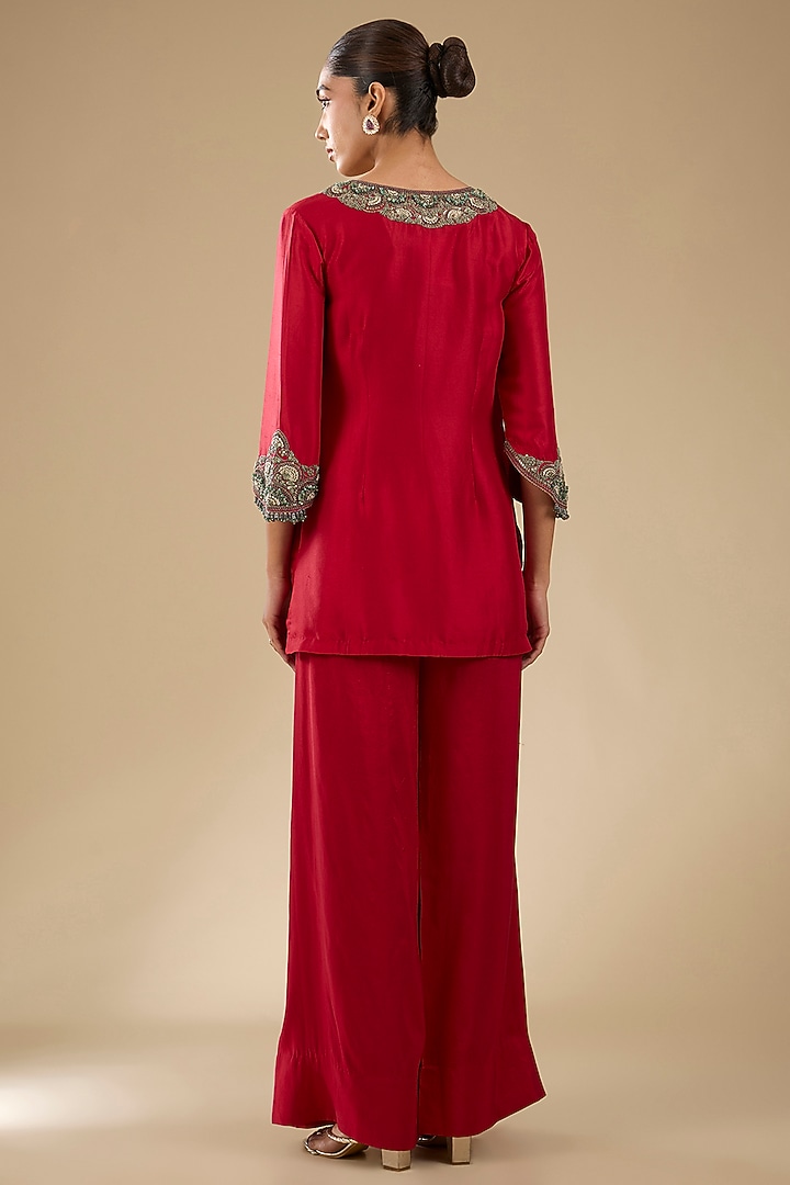 Cherry Red Silk Thread Work Co-Ord Set by Prisho at Pernia's Pop Up Shop