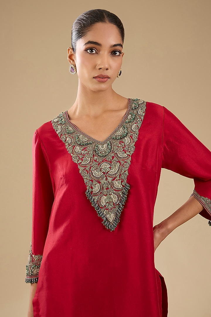 Cherry Red Silk Thread Work Co-Ord Set by Prisho at Pernia's Pop Up Shop