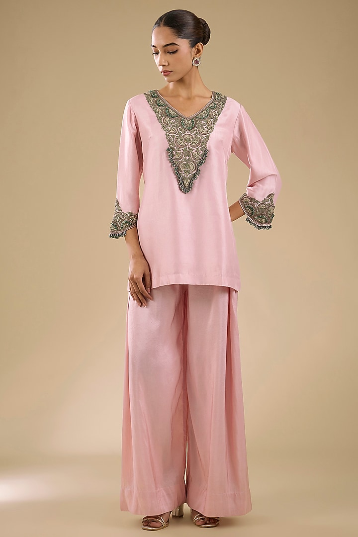 Flamingo Pink Silk Thread Work Co-Ord Set by Prisho at Pernia's Pop Up Shop