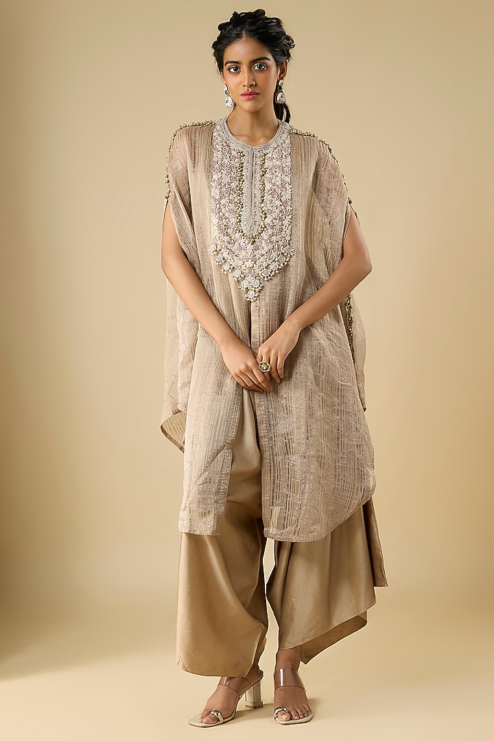Beige Tissue Resham Work Kaftan Set by Prisho at Pernia's Pop Up Shop