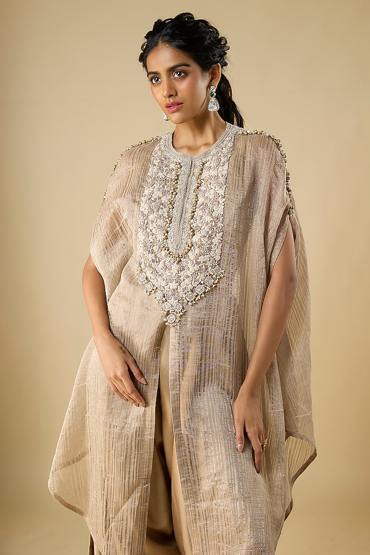 Beige Tissue Resham Work Kaftan Set by Prisho at Pernia's Pop Up Shop