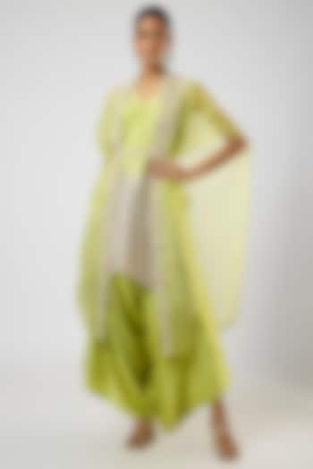 Lemon Green Organza Moti Embroidered Cape Set by Prisho at Pernia's Pop Up Shop