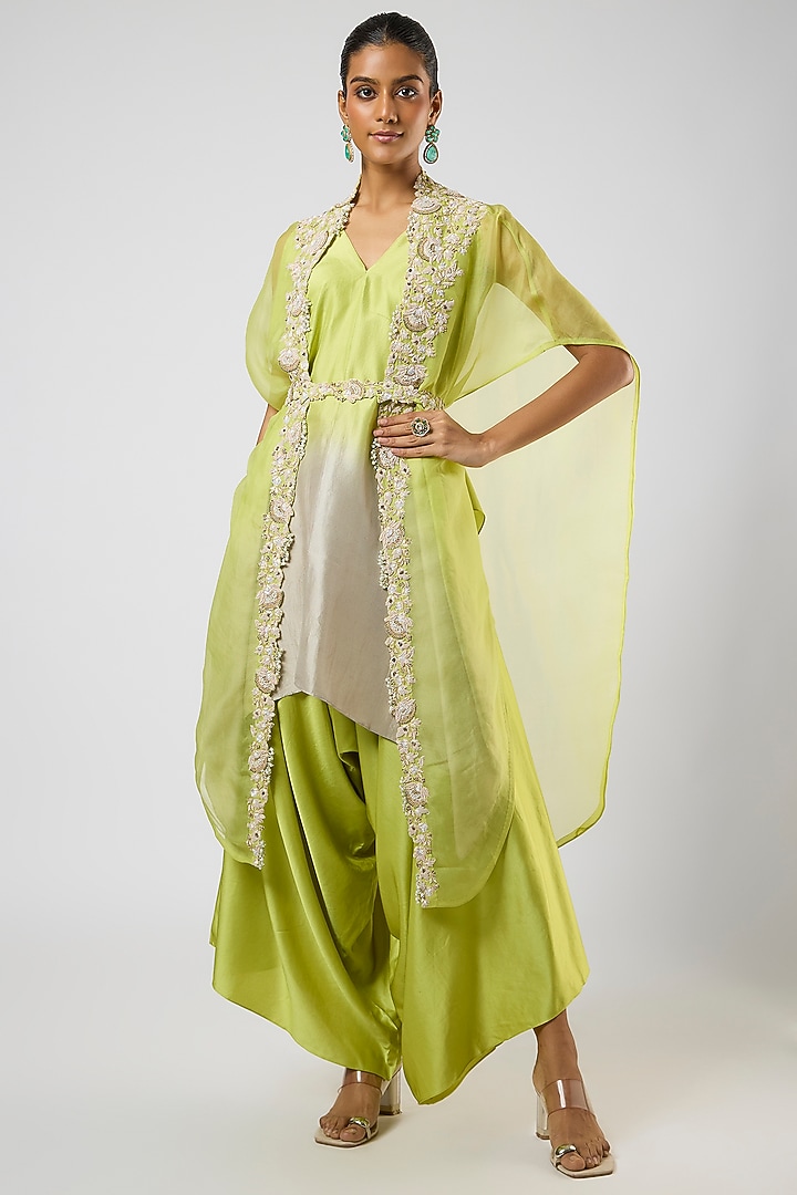 Lemon Green Organza Moti Embroidered Cape Set by Prisho at Pernia's Pop Up Shop