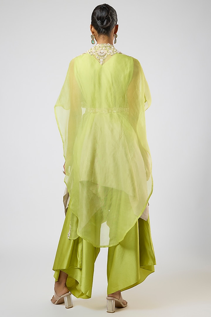 Lemon Green Organza Moti Embroidered Cape Set by Prisho at Pernia's Pop Up Shop