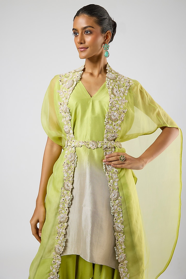 Lemon Green Organza Moti Embroidered Cape Set by Prisho at Pernia's Pop Up Shop