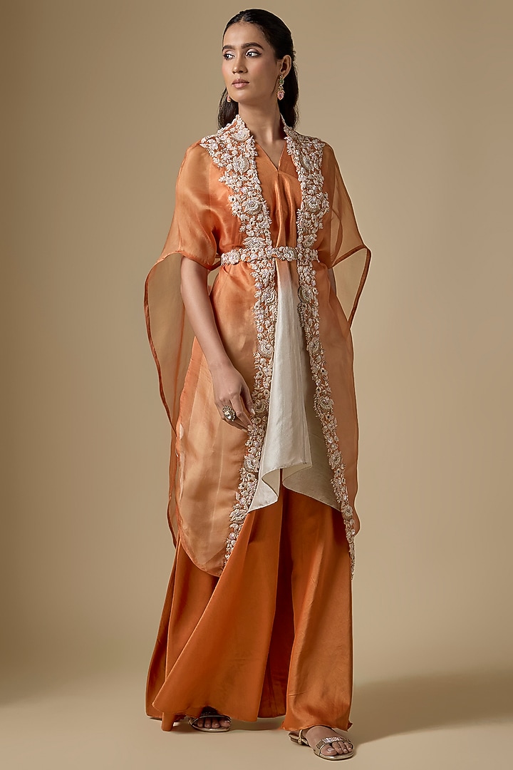 Rust Organza Resham Work Cape Set by Prisho at Pernia's Pop Up Shop