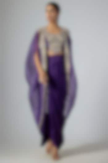 Dark Purple Organza Dori Embroidered Cape Set by Prisho at Pernia's Pop Up Shop