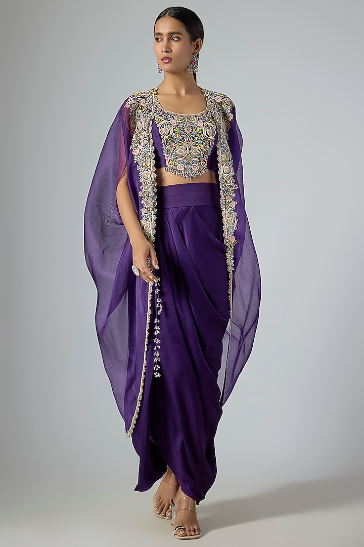 Dark Purple Organza Dori Embroidered Cape Set by Prisho at Pernia's Pop Up Shop