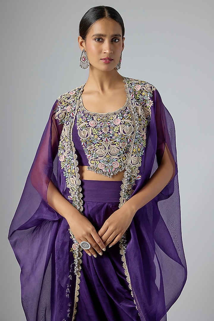 Dark Purple Organza Dori Embroidered Cape Set by Prisho at Pernia's Pop Up Shop