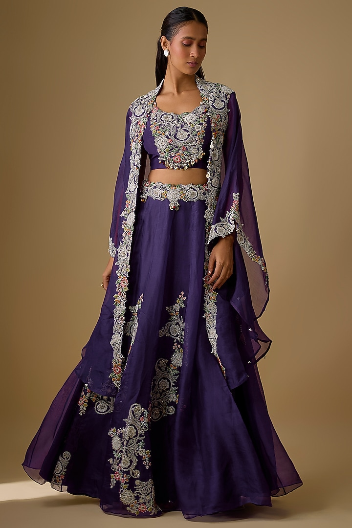 Dark Purple Organza Dori Work Kalidar Skirt Set by Prisho at Pernia's Pop Up Shop