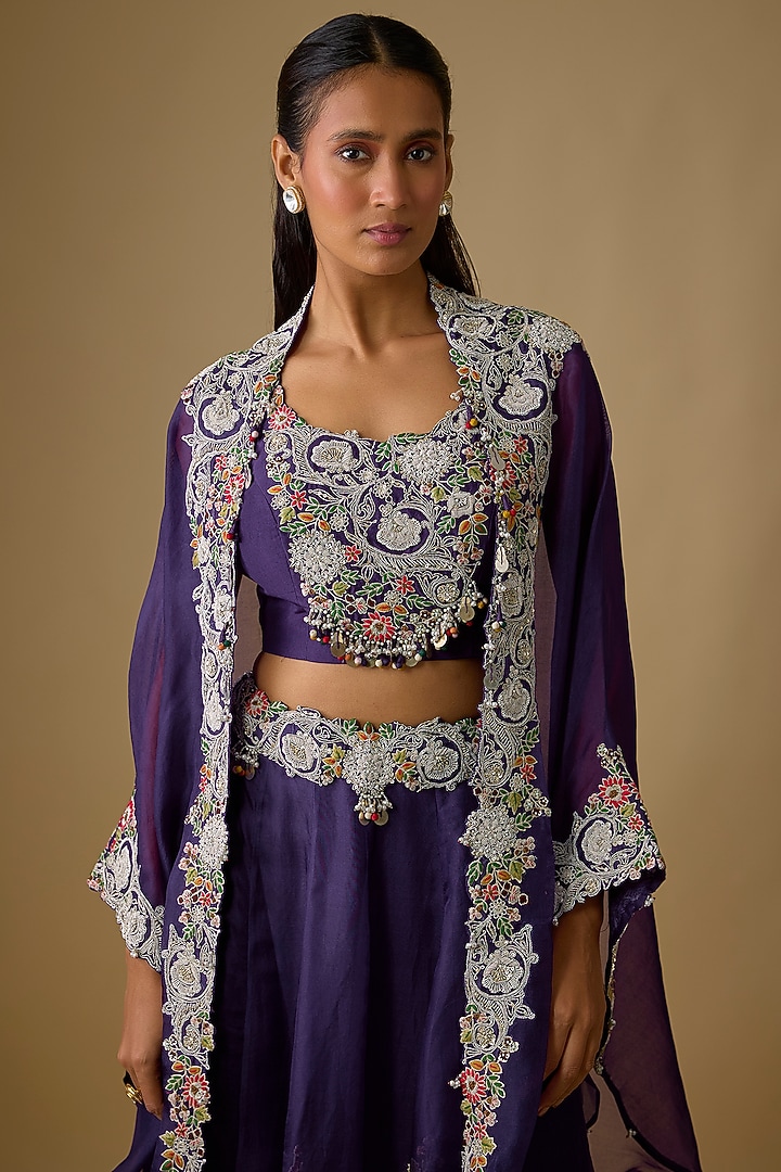 Dark Purple Organza Dori Work Kalidar Skirt Set by Prisho at Pernia's Pop Up Shop