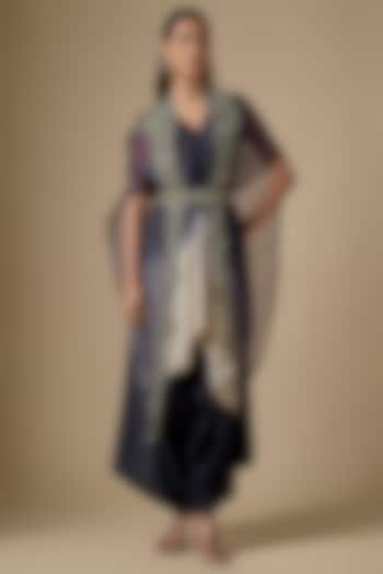 Royal Blue Organza Resham Work Cape Set by Prisho at Pernia's Pop Up Shop