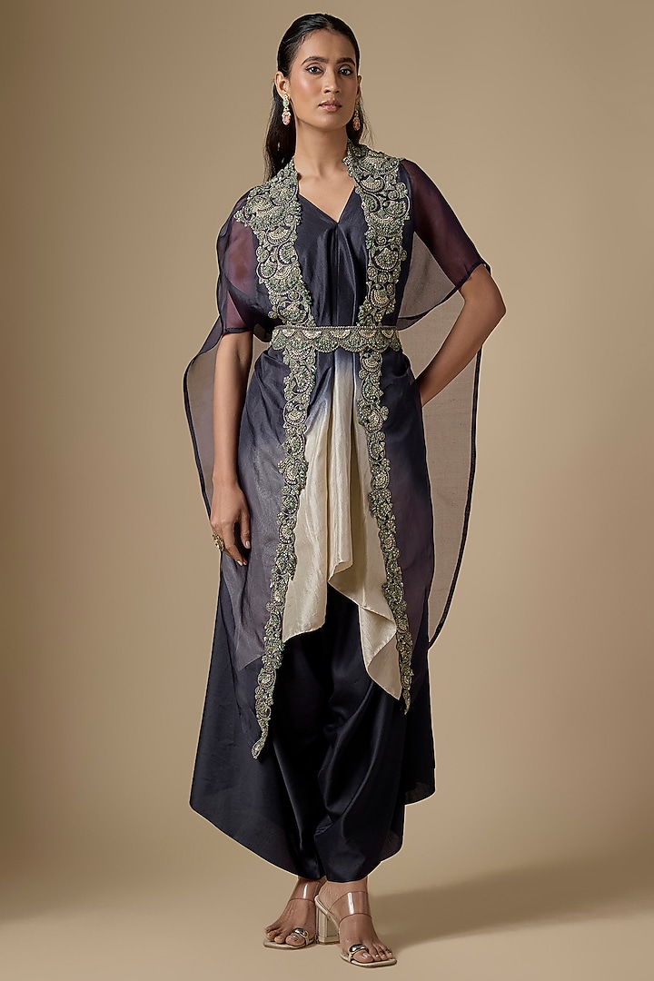 Royal Blue Organza Resham Work Cape Set by Prisho at Pernia's Pop Up Shop