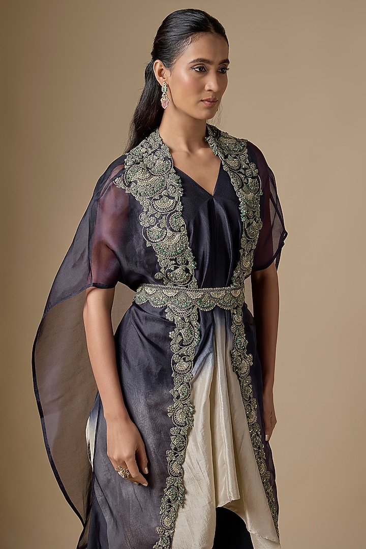 Royal Blue Organza Resham Work Cape Set by Prisho at Pernia's Pop Up Shop