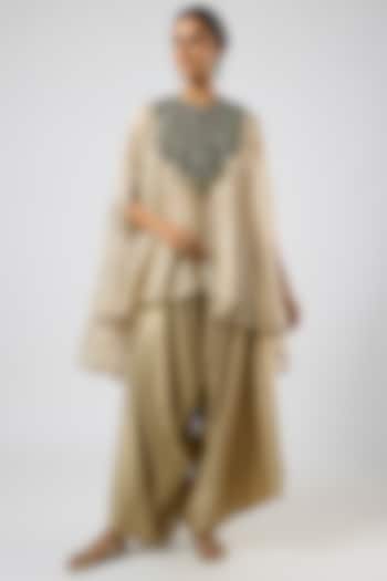 Champagne Crushed Tissue Thread Embroidered Kaftan Set by Prisho at Pernia's Pop Up Shop