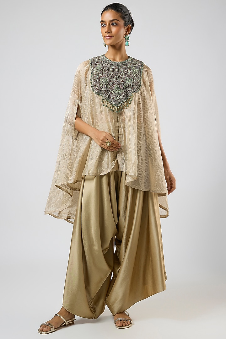Champagne Crushed Tissue Thread Embroidered Kaftan Set by Prisho at Pernia's Pop Up Shop