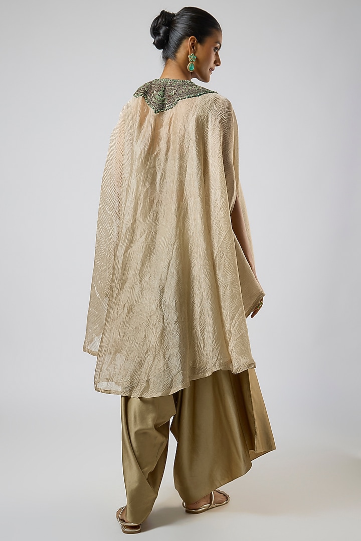 Champagne Crushed Tissue Thread Embroidered Kaftan Set by Prisho at Pernia's Pop Up Shop