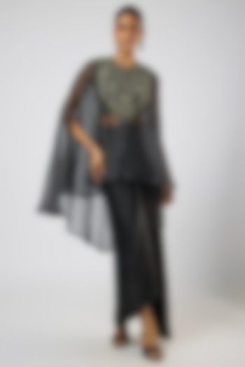 Black Organza Thread Embroidered Umbrella Kaftan Set by Prisho at Pernia's Pop Up Shop