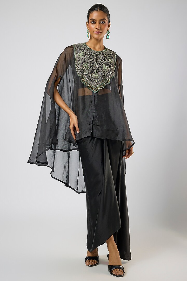 Black Organza Thread Embroidered Umbrella Kaftan Set by Prisho at Pernia's Pop Up Shop