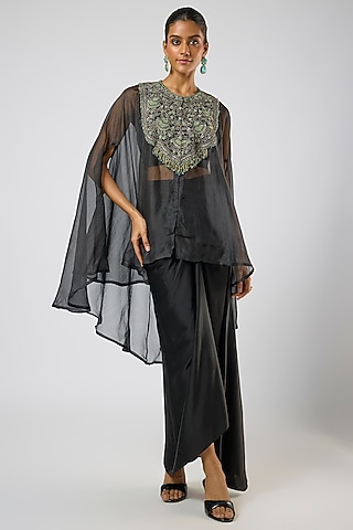 Black Organza Thread Embroidered Umbrella Kaftan Set by Prisho