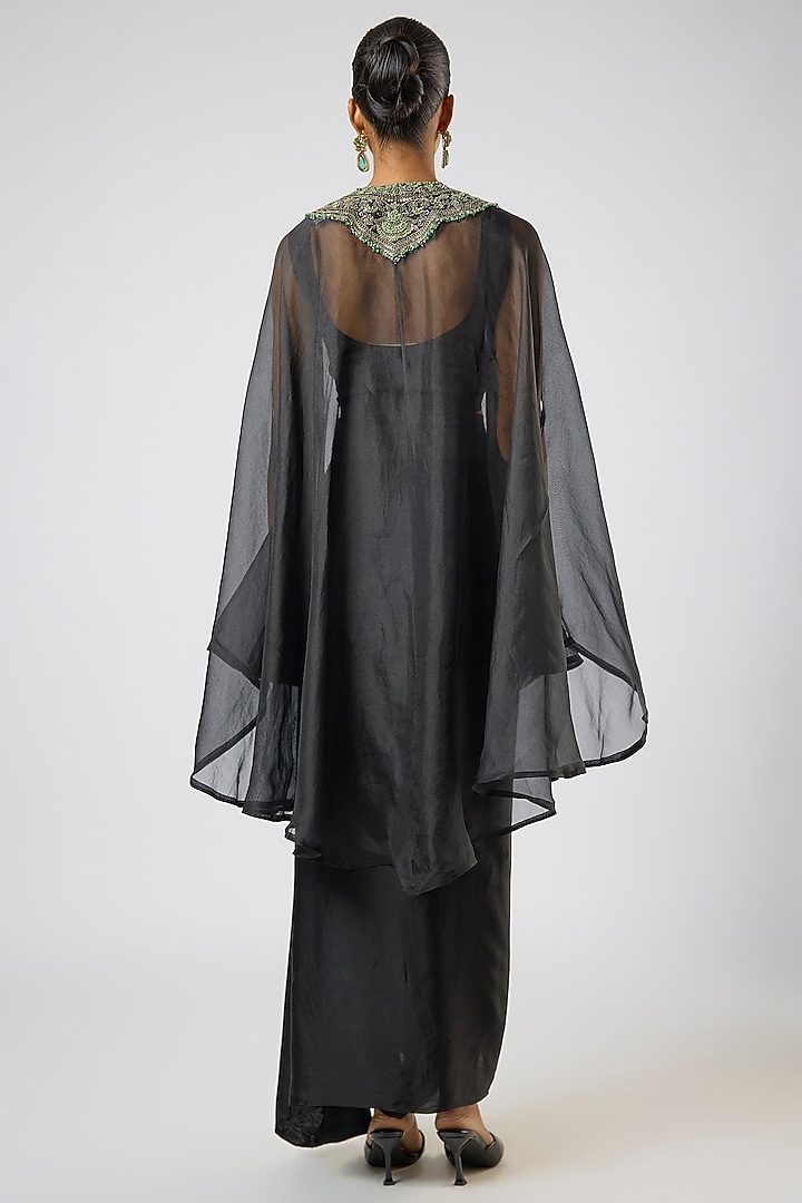 Black Organza Thread Embroidered Umbrella Kaftan Set by Prisho at Pernia's Pop Up Shop