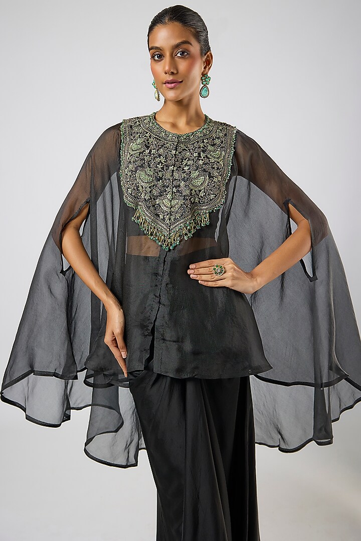 Black Organza Thread Embroidered Umbrella Kaftan Set by Prisho at Pernia's Pop Up Shop
