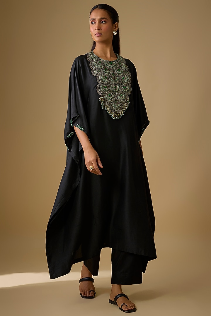 Black Silk Thread Work Kaftan Set by Prisho at Pernia's Pop Up Shop