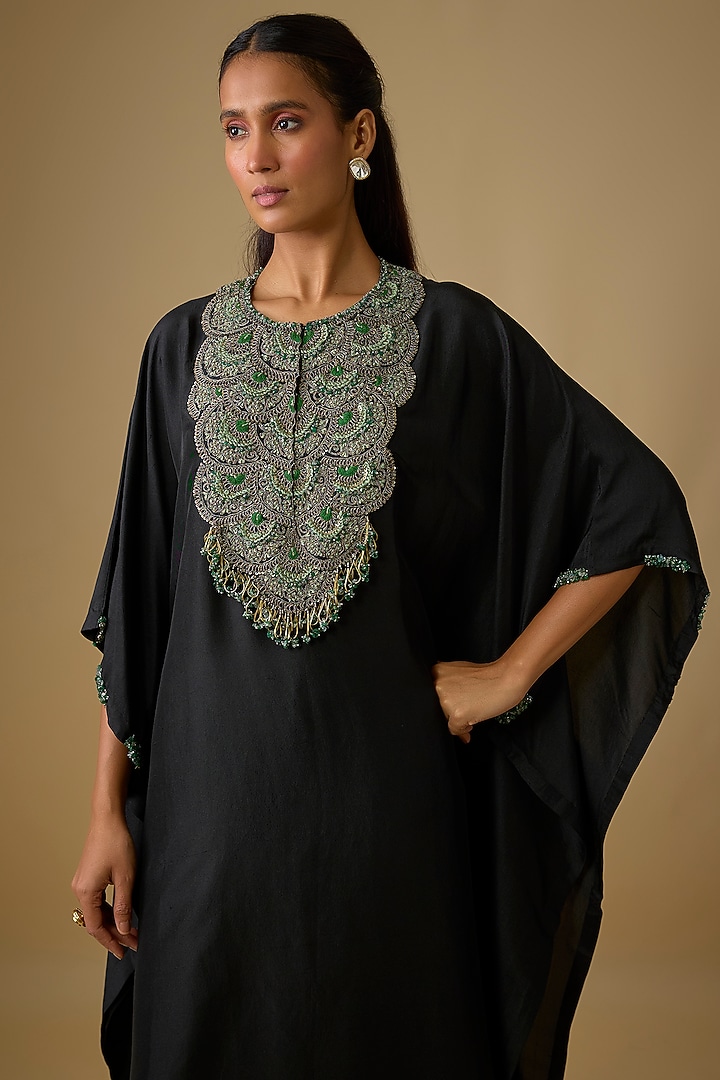 Black Silk Thread Work Kaftan Set by Prisho at Pernia's Pop Up Shop
