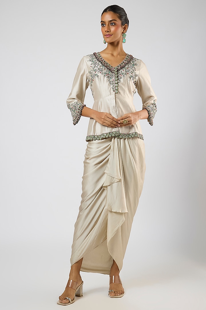 Smoke Grey Modal Satin Dhoti Skirt Set by Prisho at Pernia's Pop Up Shop