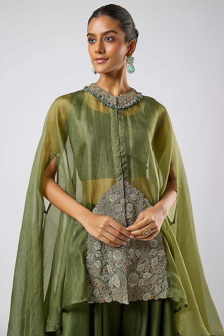 Hunter Green Organza Dori Embroidered Kaftan Set by Prisho at Pernia's Pop Up Shop