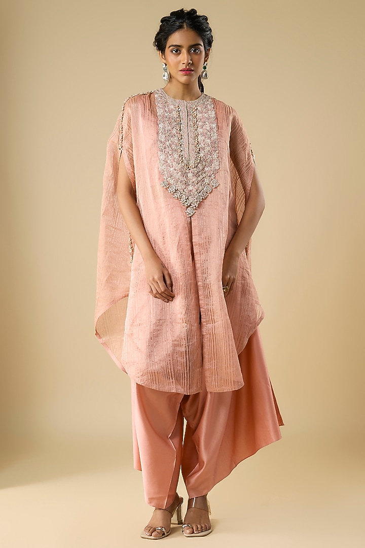 Dark Flamingo Pink Tissue Resham Work Kaftan Set by Prisho at Pernia's Pop Up Shop
