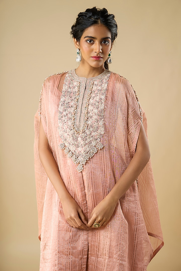 Dark Flamingo Pink Tissue Resham Work Kaftan Set by Prisho at Pernia's Pop Up Shop