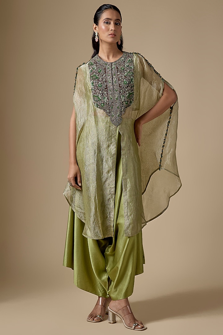 Sea Green Crushed Tissue Threadwork Kaftan Set by Prisho at Pernia's Pop Up Shop