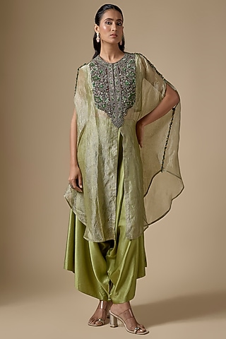 Sea Green Crushed Tissue Threadwork Kaftan Set by Prisho