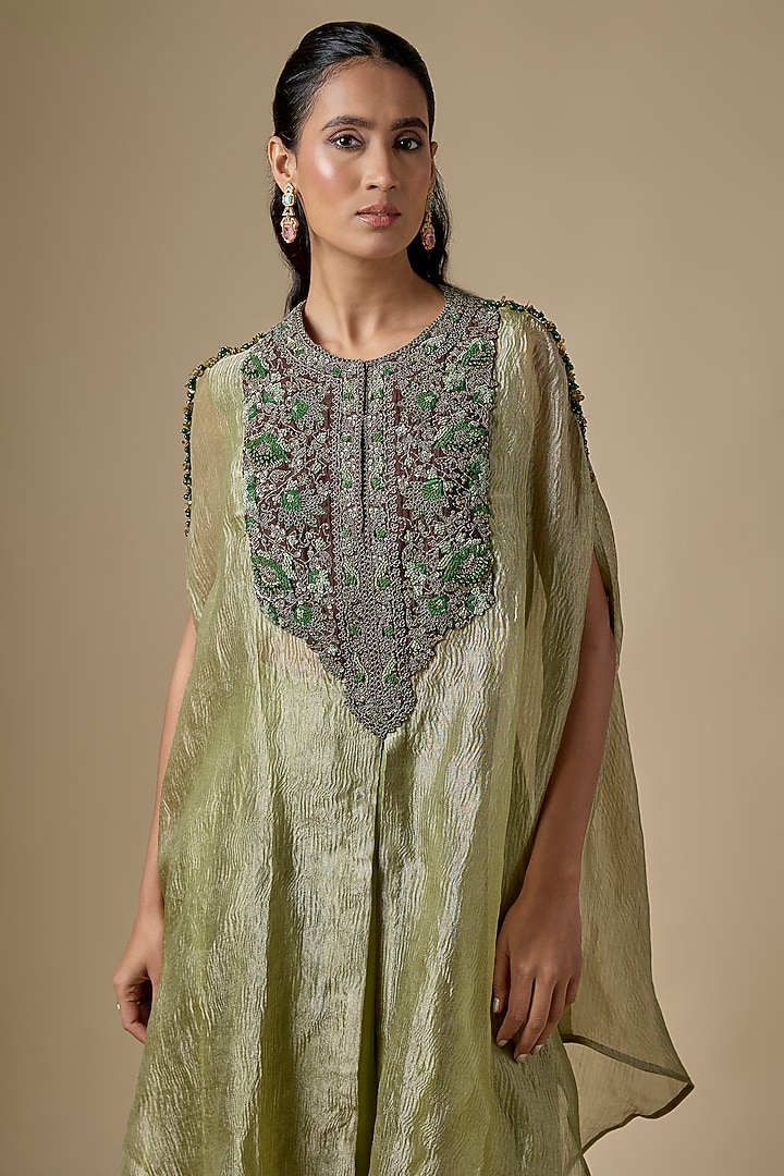 Sea Green Crushed Tissue Threadwork Kaftan Set by Prisho at Pernia's Pop Up Shop