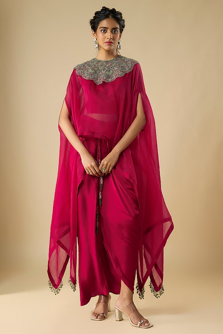 Cherry Red Organza Thread Work A-Line Kaftan Set by Prisho at Pernia's Pop Up Shop
