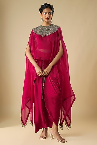 Cherry Red Organza Thread Work A-Line Kaftan Set by Prisho