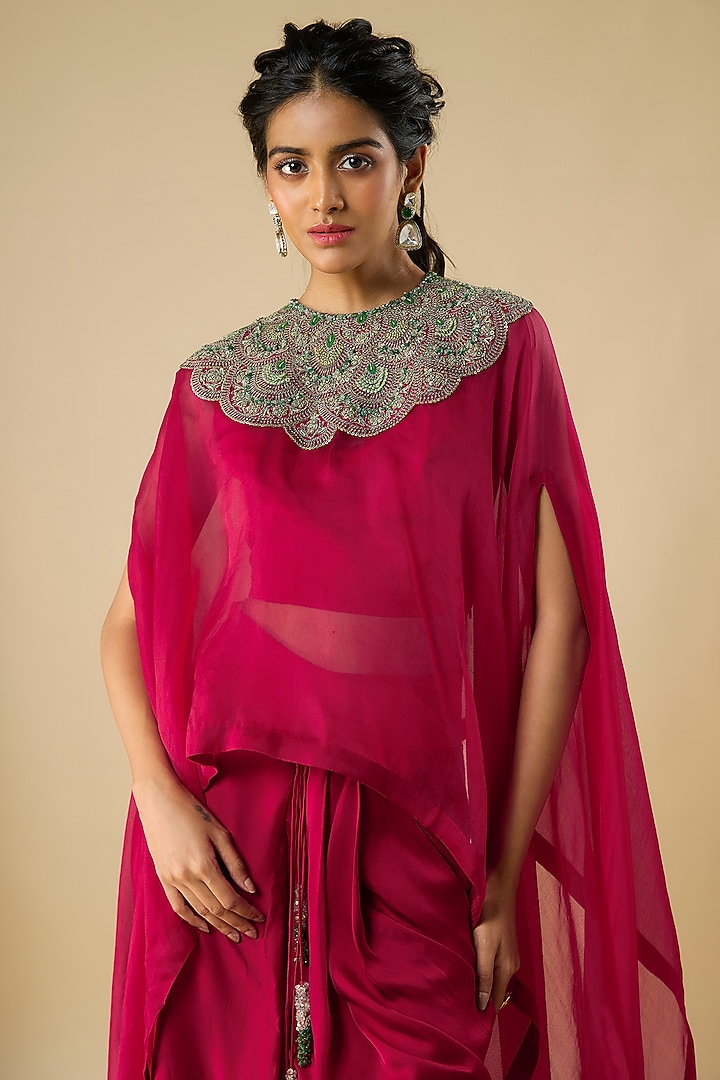 Cherry Red Organza Thread Work A-Line Kaftan Set by Prisho at Pernia's Pop Up Shop