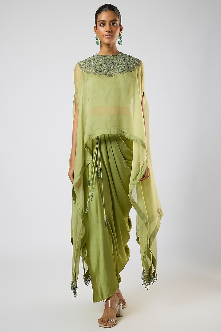 Sea Green Organza Thread Embroidered A-Line Kaftan Set by Prisho at Pernia's Pop Up Shop