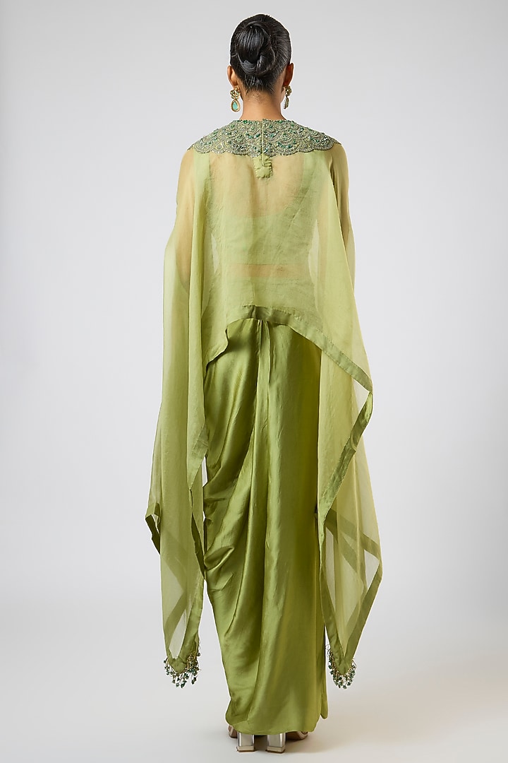 Sea Green Organza Thread Embroidered A-Line Kaftan Set by Prisho at Pernia's Pop Up Shop