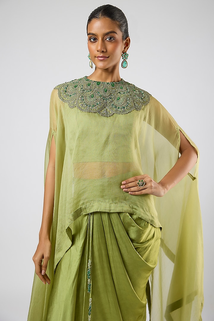 Sea Green Organza Thread Embroidered A-Line Kaftan Set by Prisho at Pernia's Pop Up Shop