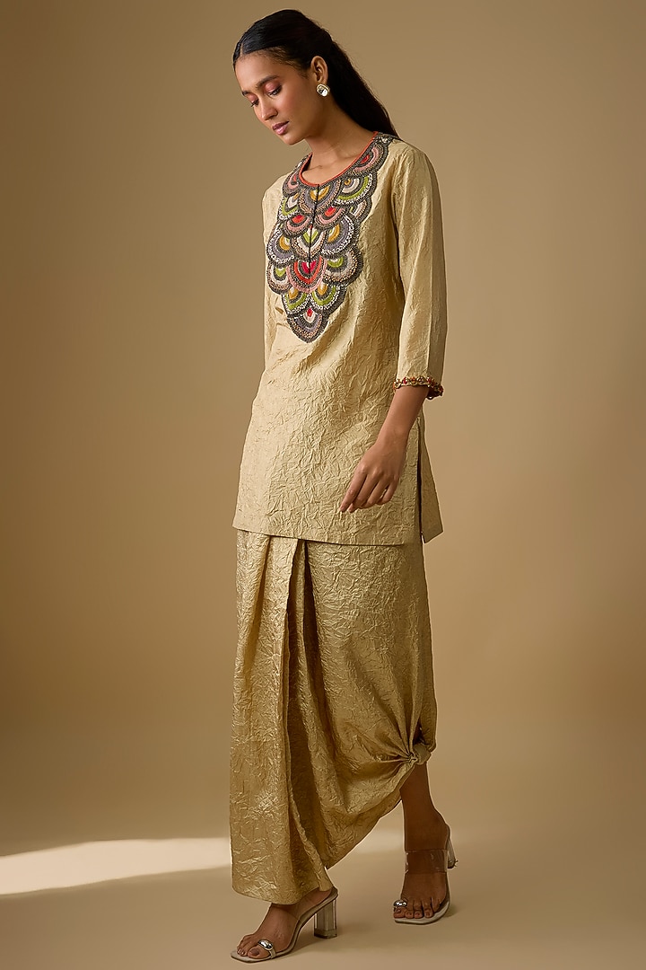 Beige Crushed Silk Dhoti Set by Prisho at Pernia's Pop Up Shop