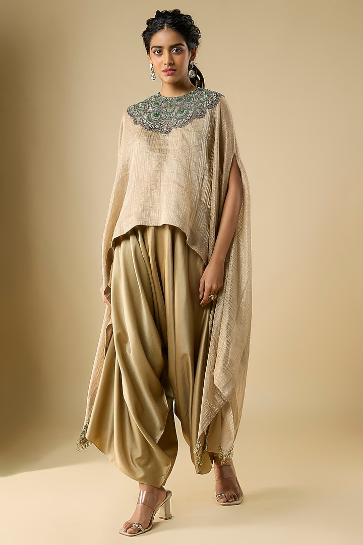 Champagne Tissue Thread Work A-Line Kaftan Set by Prisho at Pernia's Pop Up Shop