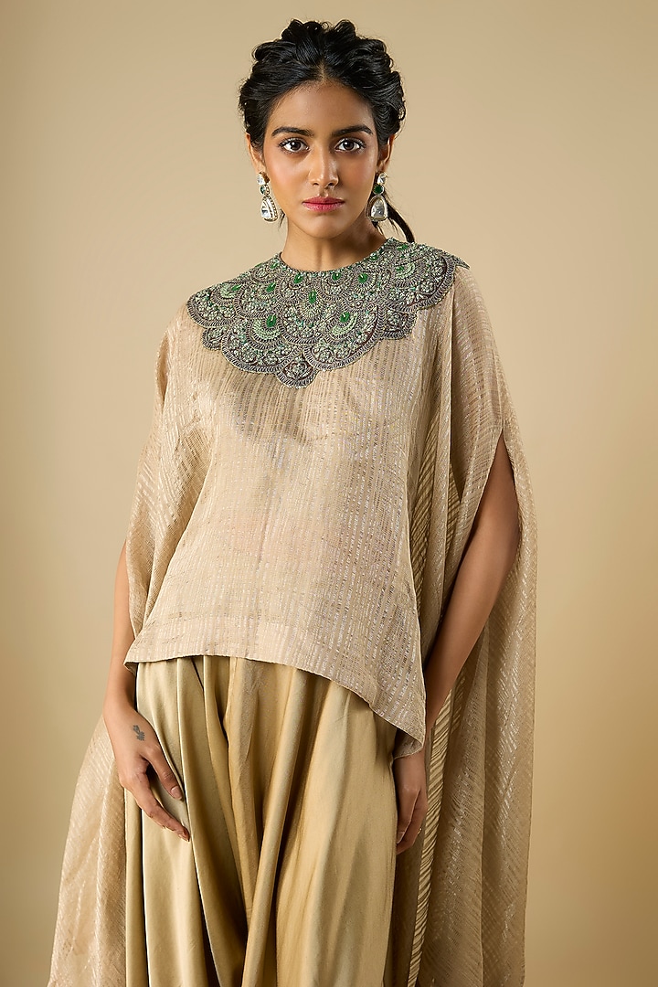 Champagne Tissue Thread Work A-Line Kaftan Set by Prisho at Pernia's Pop Up Shop