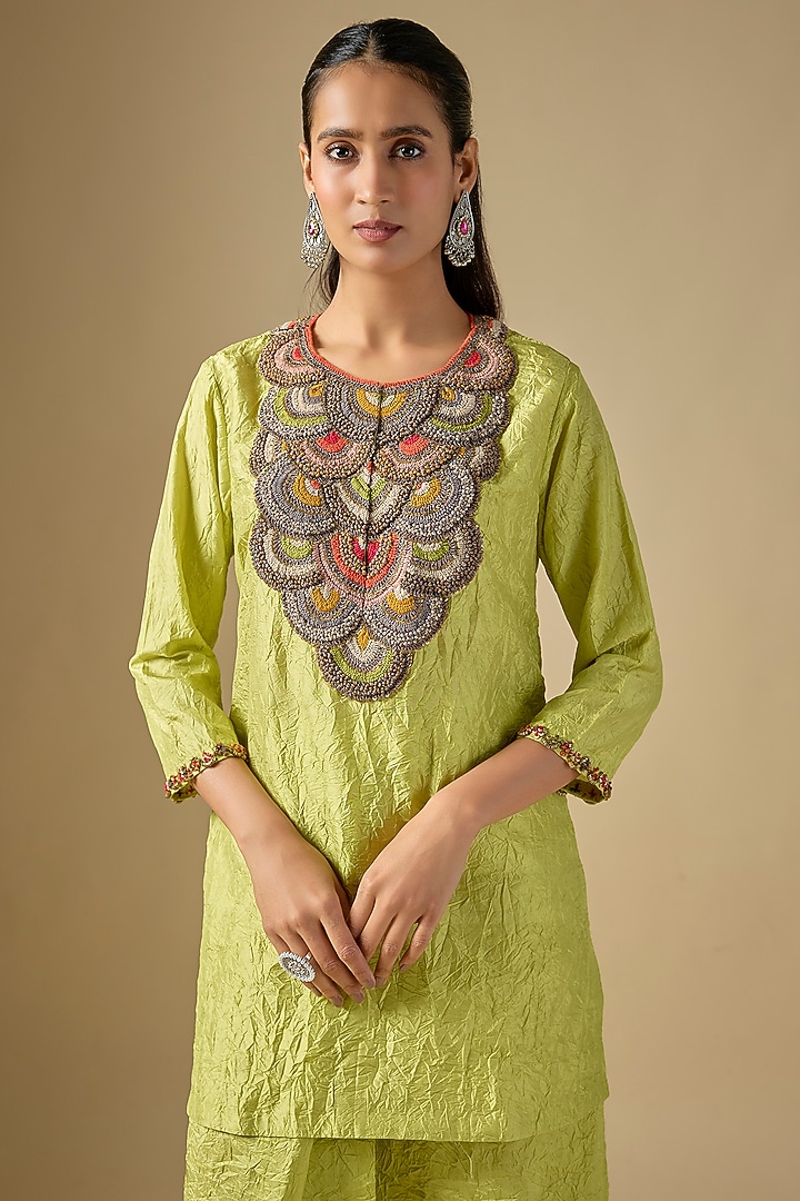 Lemon Green Crushed Silk Thread Work Kurta Set by Prisho at Pernia's Pop Up Shop