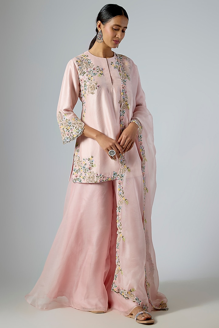 Flamingo Pink Silk Dori Embroidered Kurta Set by Prisho at Pernia's Pop Up Shop