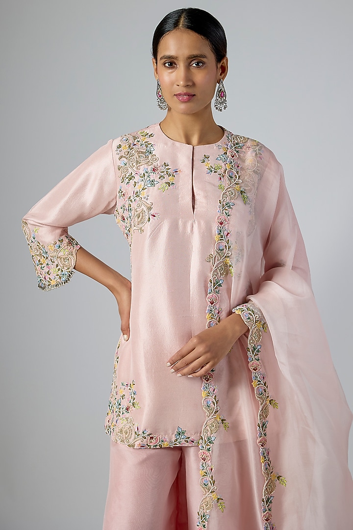 Flamingo Pink Silk Dori Embroidered Kurta Set by Prisho at Pernia's Pop Up Shop
