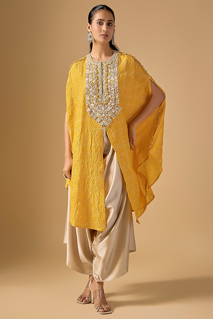 Mustard Bandhej Kaftan Set by Prisho at Pernia's Pop Up Shop